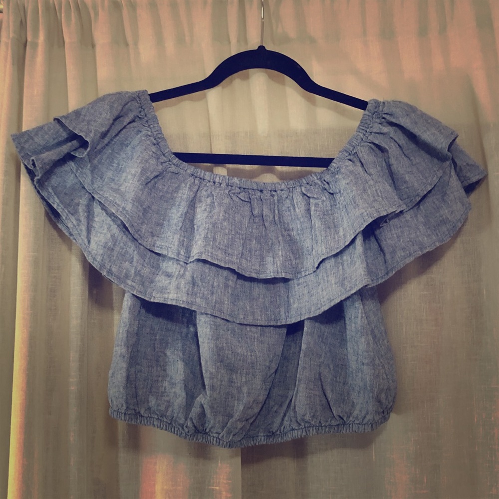 Denim Off-the-Shoulder Ruffles Crop